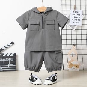100% Cotton 2pcs Baby Boy Grey Short-sleeve Hooded Zip Top and Shorts Set