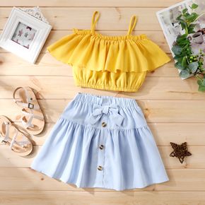 2pcs Kid Girl Flounce Yellow Camisole and Bowknot Button Design Elasticized Skirt Set