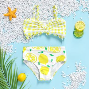 2pcs Baby Girl All Over Plaid and Lemon Print Spaghetti Strap Two-Piece Bikini Set Swimwear