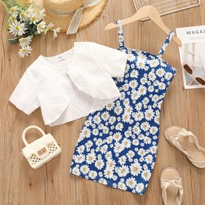 2pcs Kid Girl Floral Daisy Print Slip Dress and White Cardigan Set