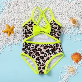 Baby Girl Fluorescent and Leopard Print Splicing Spaghetti Strap Bowknot Hollow Out One-Piece Swimsuit
