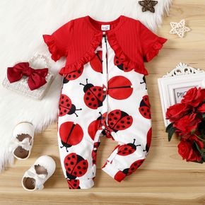 2pcs Baby Girl Red Ribbed Ruffled Short-sleeve Faux-two Allover Ladybugs Print Snap Jumpsuit with Headband Set