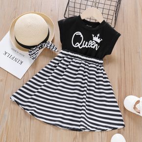 Toddler Girl 100% Cotton Faux-two Letter Crown Print Stripe Splice Sleeveless Dress
