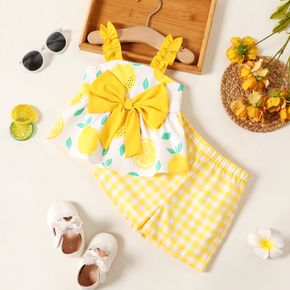 2pcs Baby Girl All Over Lemon Print Sleeveless Bowknot Top and Plaid Shorts Set