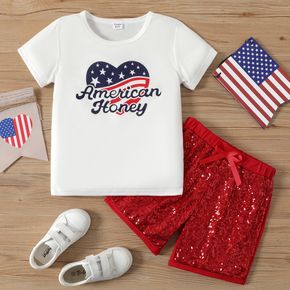 Independence Day 2ps Kind Mädchen Herzdruck Kurzarm weißes T-Shirt und Bowknot Pailletten rote Shorts Set
