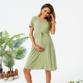 Maternity Lace Up Front Green Short-sleeve Dress