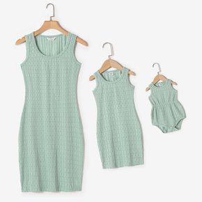 Green Textured Round Neck Sleeveless Bodycon Dress for Mom and Me