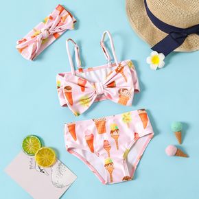3pcs Baby Girl All Over Ice Cream Print Pink Spaghetti Strap Bowknot Bikini Set Swimwear