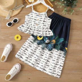 2pcs Kid Girl Letter Print Button Design Camisole and Colorblock Floral Print Skirt Set