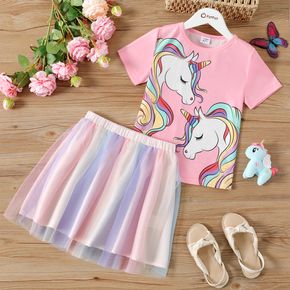 2pcs Kid Girl Unicorn Print Short-sleeve Pink Tee and Gradient Color Mesh Skirt Set