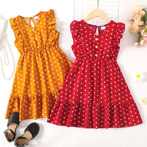 Kid Girl Polka dots Ruffled Button Design Sleeveless Dress