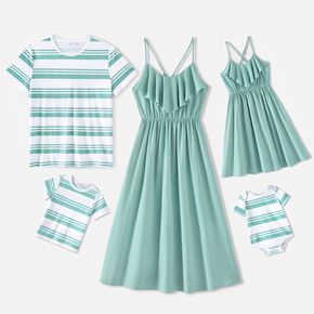 Family Matching 100% Cotton Solid Flounce Cami Dresses and Striped Short-sleeve T-shirts Sets