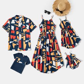 Family Matching All Over Geometric Print Spaghetti Strap Dresses and Short-sleeve Tops Sets