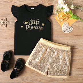 2pcs Kid Girl Letter Print Flutter-sleeve Black Tee and Sequined Shorts Set