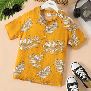 Kid Boy Floral Leaf Print Lapel Collar Button Design Short-sleeve Dress