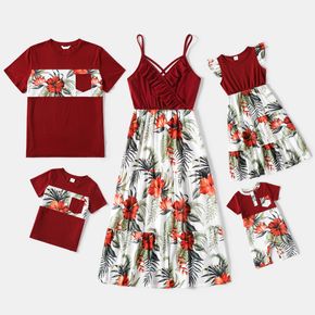 Family Matching Red Ruffle V Neck Spaghetti Strap Splicing Floral Print Tiered Dresses and Short-sleeve T-shirts Sets