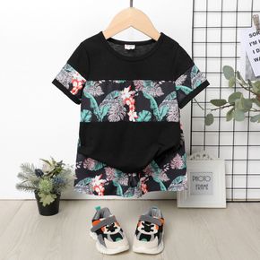 2pcs Toddler Boy Floral Print Colorblock Short-sleeve Tee and Elasticized Shorts Set