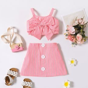 2pcs Toddler Girl Stripe Bowknot Design Camisole and Button Design Skirt Set