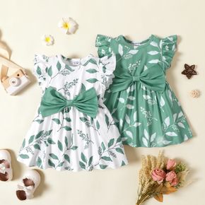 Baby Girl Bow Front All Over Leaf Print Flutter-sleeve Dress