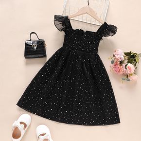 Black and Lightweight Toddler Colorful Dots Print Shirred Flutter-sleeve Black Dress