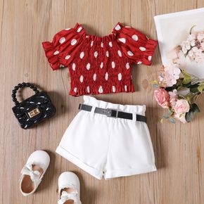 Mini Lady Toddler Girl 2pcs Shirred Polka Dots Short-sleeve Red or Coral Top and Solid White or Black Shorts with Belt Set
