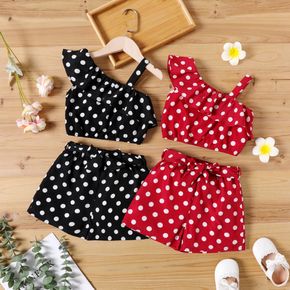 2pcs Toddler Girl Polka dots Flounce One Shoulder Camisole and Belted Shorts Set