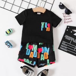 Father's Day 2pcs Baby Boy Short-sleeve T-shirt and All Over Love Heart Letter Print Shorts Set
