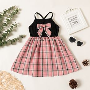 Toddler Girl Bowknot Design Plaid Splice Crisscross Cami Dress