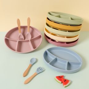 Placas de sucção de silicone para crianças com colher e garfo conjunto pratos de jantar divididos para crianças auto-alimentação treinamento pratos seguros para crianças fáceis de limpar