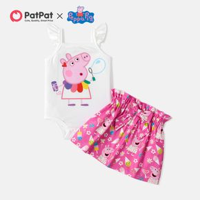 Peppa Pig 2-teiliges Baby-Mädchen-Strampler mit flatternden Ärmeln und Allover-Print Bowknot-Rock-Set