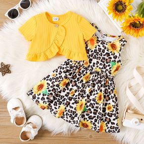 2pcs Baby Girl Yellow Ribbed Short-sleeve Ruffle Cardigan and Sunflower Leopard Sleeveless Dress Set