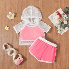 3pcs Toddler Girl Colorblock Camisole & Mesh Hooded Tee and Shorts Set