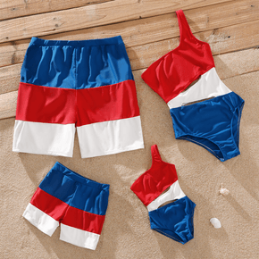 Family Matching Colorblock One Shoulder One-Piece Swimsuit and Swim Trunks Shorts