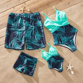 Family Matching All Over Palm Leaf Print Swim Trunks Shorts and Spaghetti Strap Splicing One-Piece Swimsuit
