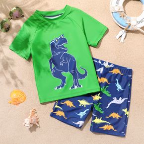 2pcs Kid Boy Animal Dinosaur Print Short-sleeve Tee and Shorts Swimsuit Set