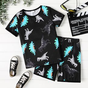 2pcs Kid Boy Animal Dinosaur Print Short-sleeve Black Tee and Elasticized Shorts Set