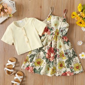 2pcs Kid Girl Floral Print Cami Dress and Ribbed Button Design Cardigan Set