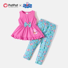 Peppa Pig 2pcs Toddler Girl Bowknot Design Ruffled Sleeveless Cotton Pink Tee and Allover Print Leggings Set
