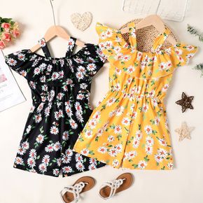 Kid Girl Floral Print Flounce Off Shoulder Sleeveless Strap Rompers