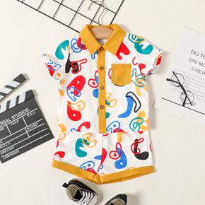 2pcs Baby Boy All Over Colorful Letter Print Short-sleeve Button Up Shirt and Shorts Set