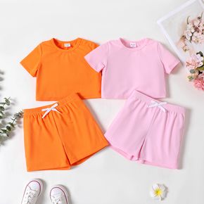 2pcs Toddler Girl Basic Solid Color Ribbed Short-sleeve Tee Bowknot Design Shorts Set