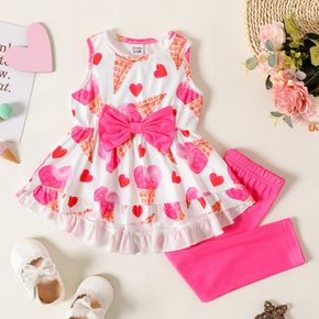 2pcs Baby Girl Bow Front All Over Love Heart Print Irregular Ruffle Hem Tank Dress and Solid Leggings Set