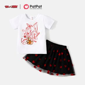 Tom and Jerry 2pcs Toddler Girl Letter Print Cotton Short-sleeve Tee and Heart Print Mesh Skirt Set