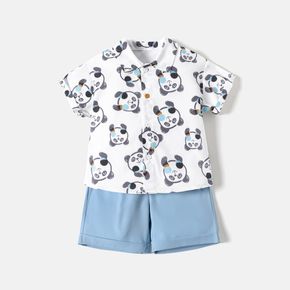 Refreshing As Soda Toddler Boy 2pcs Panda Allover Short-sleeve White Shirt and Solid Blue Shorts Set