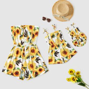 All Over Sunflowers Floral Print Off Shoulder Strapless Romper for Mom and Me