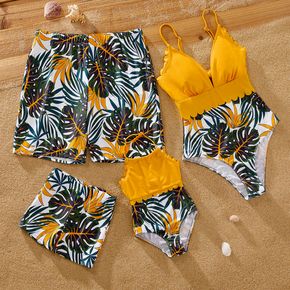 Family Matching Solid Splice Tropical Plant Print Wavy Edge One-Piece Swimsuit and Swim Trunks Shorts
