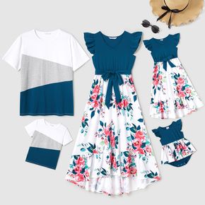 Family Matching Solid V Neck Flutter-sleeve Splicing Floral Print Dresses and Short-sleeve Colorblock T-shirts Sets