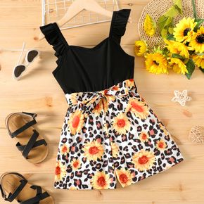 Kid Girl Floral Leopard Print Splice Sleeveless Ruffled Belt Rompers
