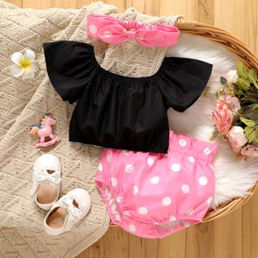 3pcs Baby Girl Solid Short-sleeve Top and Polka Dots Shorts with Headband Set