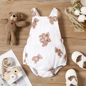 Tutina 100% cotone crêpe neonata allover stampa orsetto cartone animato senza maniche